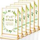 Gold Acrylic Sign Holder 4X6 inch, 6 Pack Wedding Table Number Frames Vertical , Double Sided Display Gold Picture Frame, Clear Menu Holders for Wedding Reception, Party Decoration