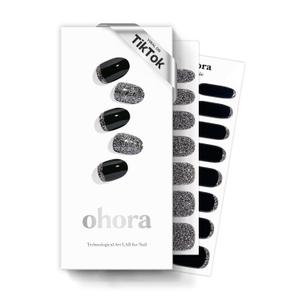 ohora Semi Cured Gel Nail Strips (N Party Night) - Dark, Glitter, Works with Any UV/LED Lamps, Salon-Quality, Long Lasting, Easy to Apply & Remove - Includes 2 Prep Pads, Nail File & Wooden Stick