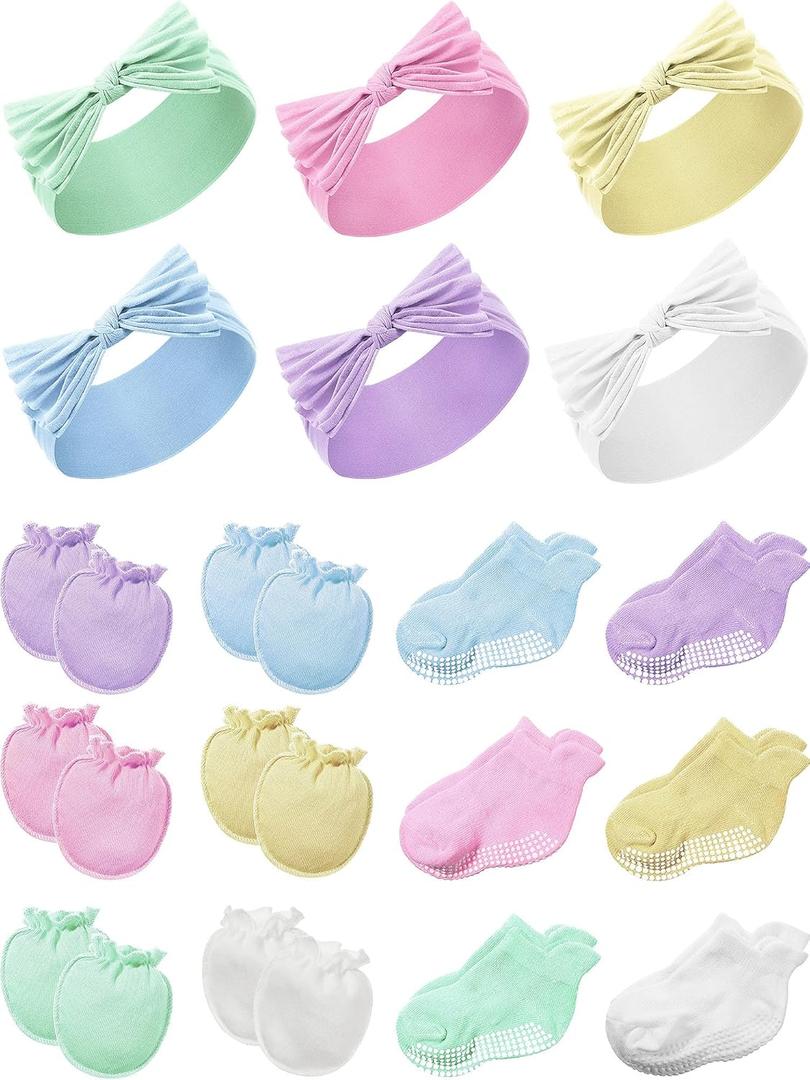 Geyoga 18 Pieces Baby Headband Newborn Socks and Mittens Sets Elastic Baby Essentials Boys Girls 0-6 Months (White, Dark Pink, Beige, Purple, Mint Green, Blue)