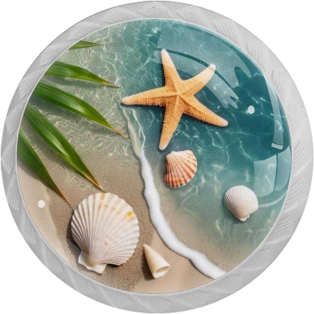 NEWzone 4 Pack Drawer Knobs Beach Starfishes Seashells Cabinet Knobs Crystal Glass Knobs Pulls Handles for Kitchen Cabinet Hardware Cupboard Door Dresser Wardrobe Home Decor
