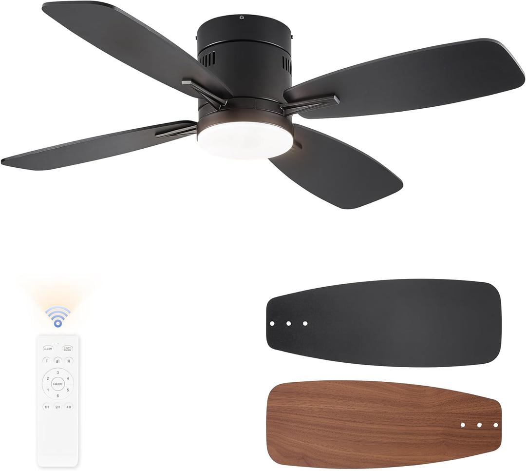 LEDIARY 42 inch Ceiling Fans with Lights and Remote Control,Flush Mount Ceiling Fan with Quiet Reversible DC Motor,Black Modern Low Profile Ceiling Fan with Light for Bedroom Living Room Patio