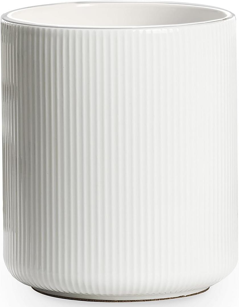 getstar Large Kitchen Utensil Holder, 7.2" Vintage Ceramic Utensils Crocks for Kitchen Counter with Non-Slip Cork Mat, Farmhouse Cooking Tool Organizer for Kitchen Counter Decor (Striped White)