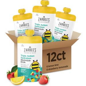 Zarbees Triple Action Hydration Electrolyte Drink for Kids, Low Sugar with Prebiotics & Zinc, Mild to Moderate Dehydration, Strawberry Lemonade & Lemon Lime, 12 x 5 fl oz Pouches