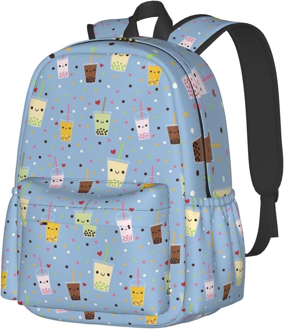 Cute Boba Bubble Tea Print Kids Backpack, Lightweight Girls School Bookbag with Front Pocket and Side Pockets for School and Daily Use, One Size