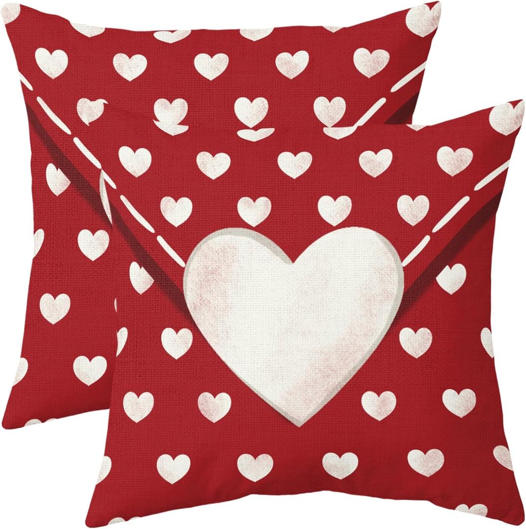 Red Valentines Day Pillow Covers 18x18 Set of 2 Love Heart Print Valentine's Decorative Throw Pillows Outdoor Farmhouse Holiday Valentine Decoration Pillowcases Cushion Cases Decor for Sofa Couch Bed