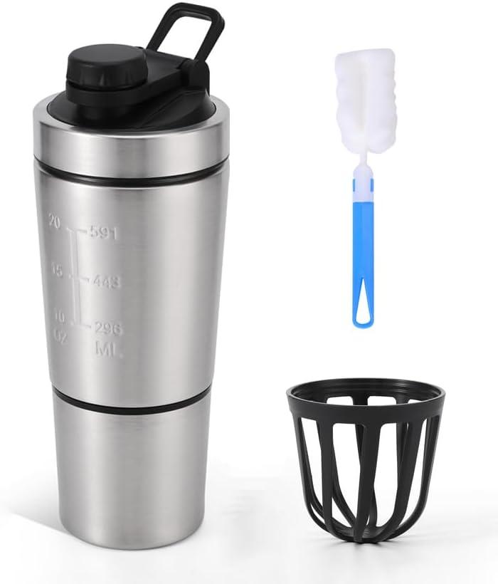 304 Stainless Steel Protein Mixer Cup, Single Layer with Bottom Powder Storage, 2 Sections, Detachable Strainer, Easy-Carry Handle, [27oz]