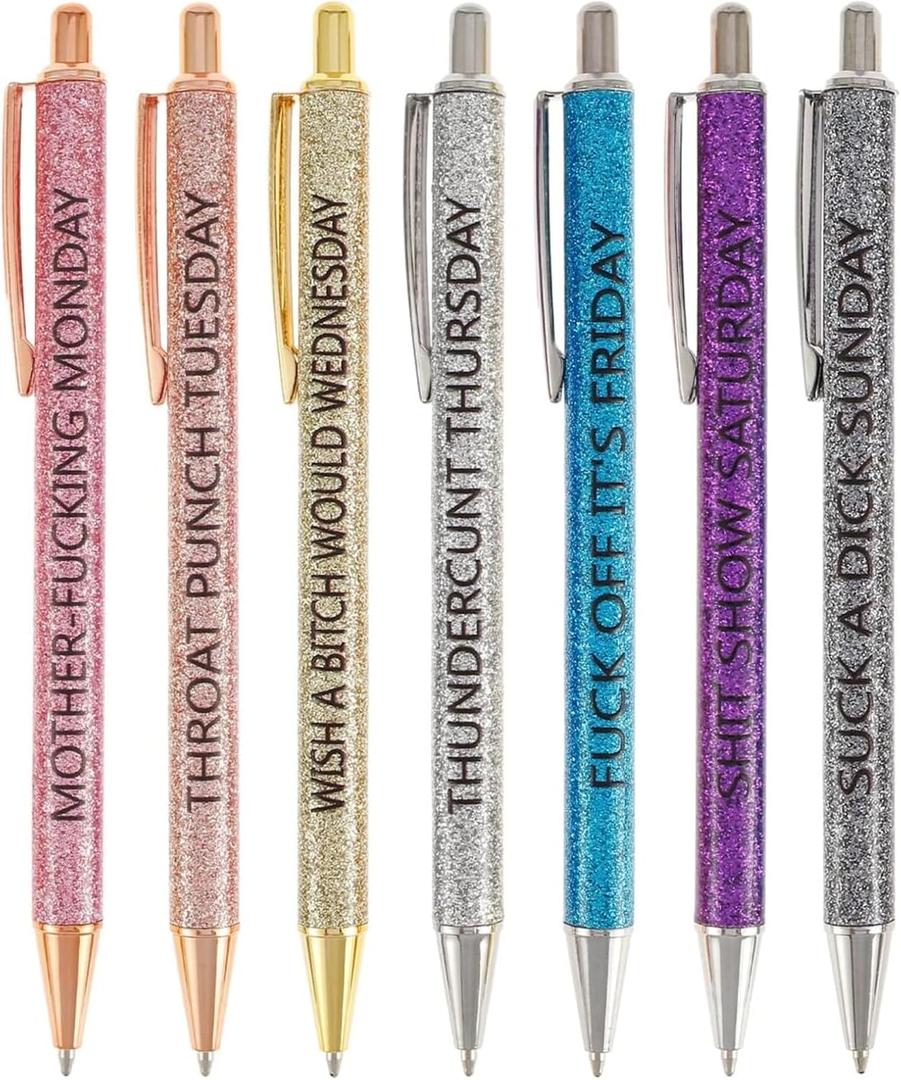 Jxueych 7 Pcs Funny Ballpoint Pen Set Gift for Coworker, Days of The Week Daily Glitter Pen, Black Ink Medium Point 1.0 Mm Smooth Writing