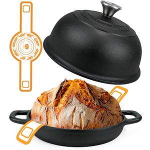 5QT Pre-Seasoned Cast Iron Dutch Oven For Bread Baking, Dutch Oven with Domed Lid, Sourdough Bread Baking Supplies, Multi-Functional Bread Pan For Baking, Frying, Roasting