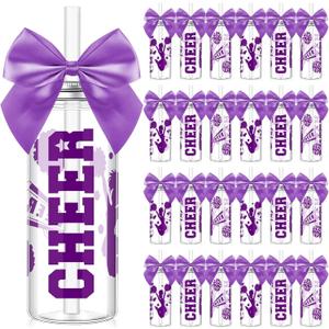24 Pcs Purple Cheerleader Gift Bulk for Team Cheer Cups 14 oz Bow Water Bottle Plastic Cheer Tumblers with Lid and Straw for Cheerleader Sport Party Favor Gift Purple, 24