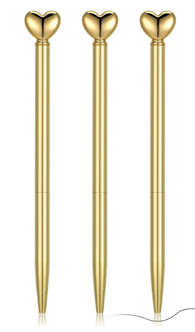 Chinco 3 Pieces Valentine Heart Shaped Pens Black Ink Retractable Metal Decorative Cute Pens Heart Ballpoint for Valentines Party Favor Women Wedding Bridal Shower Gifts(Gold)