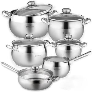 Daniks Classic 11-Piece Stainless Steel Cookware Set with Glass Lids, Includes Saucepan and Frying Pan with Lid, Tri-Ply Bases for Even Heating, Induction Compatible, Dishwasher Safe