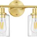 FOLKSMATE Bathroom Light Fixtures, 2-Light Brushed Brass Vanity Light, Gold Wall Sconces Lighting, Modern Bath Wall Mounted Lighting with Glass Shade, Porch Lamp for Mirror, Bedroom, Hallway