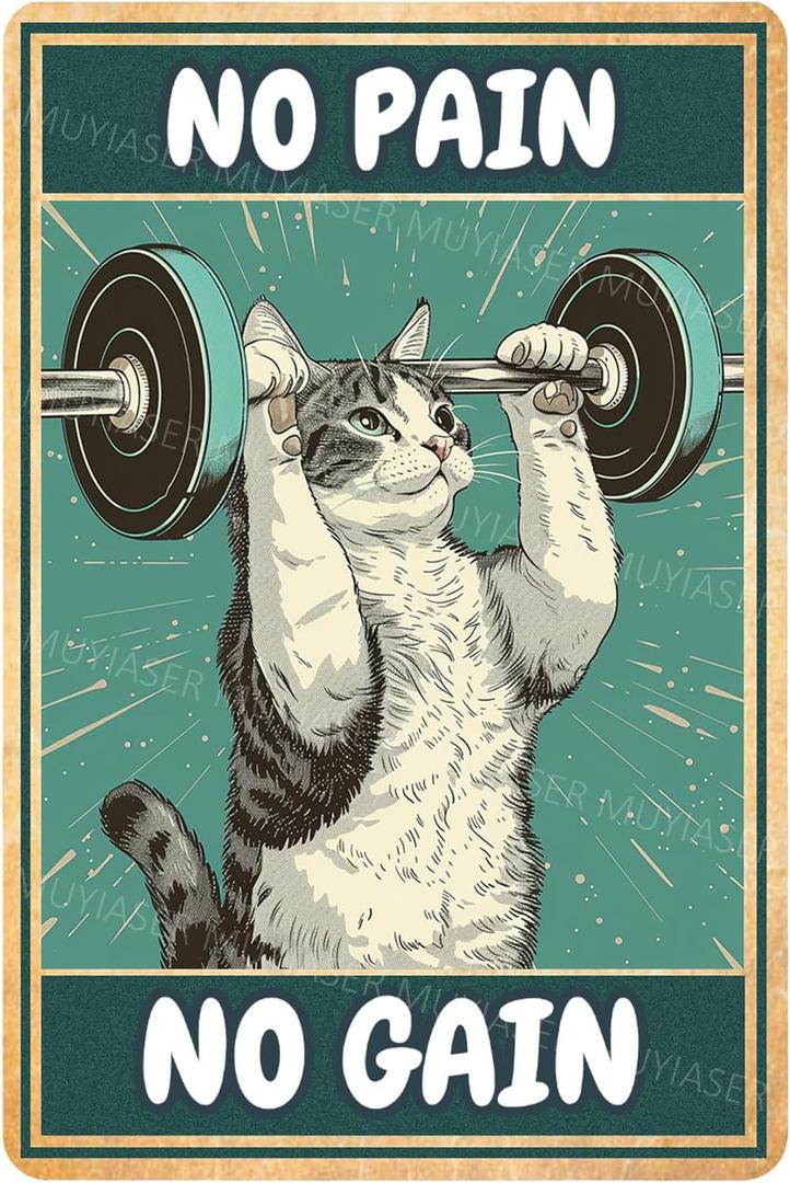 Metal Tin Sign Cat No Pain No Gain Gym Sign Vintage Metal Signs Retro Aluminum Tin Sign for Gym Door Home Bar Cafe Decor 8x12 Inch