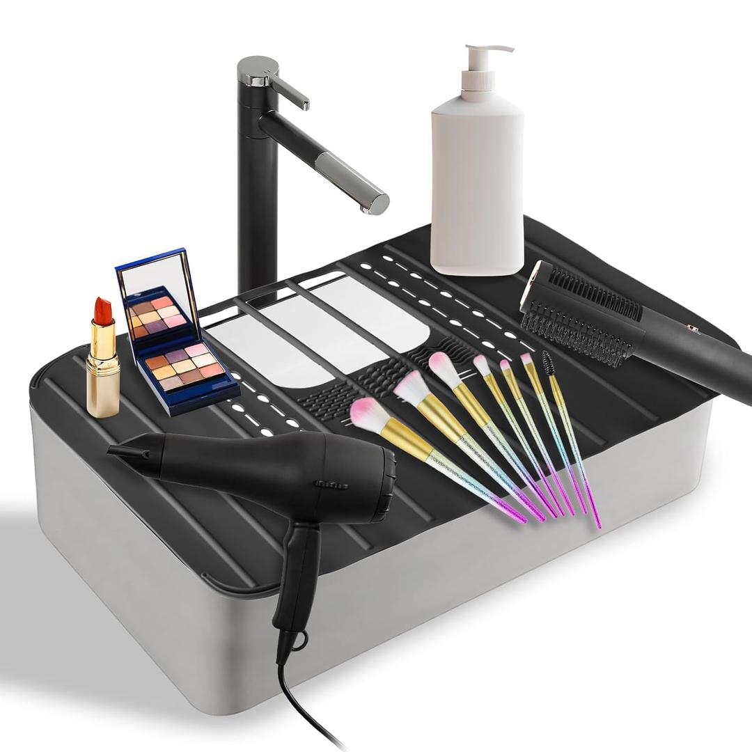 Sink Foldable Cover for Counter Space - Makeup Brush Cleaning Mat - Bathroom Makeup Tools Organizer Space Saver Bathroom Sink Silicone Cover (Black)