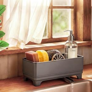 MOUKABAL Sponge Holder for Kitchen Sink Rustproof Stainless Steel, 360 Rotating Drain Pipe, Large Counter Organizer with Drip Tray for Sponges, Brushes & Dish Cloths Grey