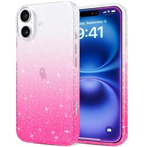 JJGoo Compatible with iPhone 16 Case Clear Glitter, Sparkle Soft TPU Transparent Shockproof Women Girls Slim Bling Sparkly Bumper Cover Phone Case for iPhone 16 6.1-Inch, Gradient Pink