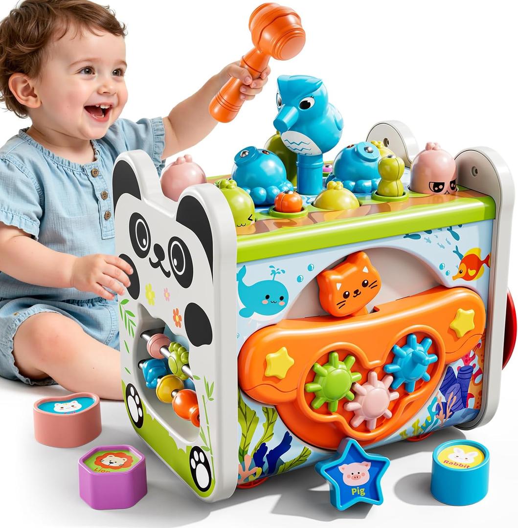 6-in-1 Montessori Toys for 3 Year Old, Hammering Pounding Toy with Xylophone, Number Maze, Spinning Gear, Shape Sorting, Spinning Fun, Birthday Gifts for Boys, Girls 2+ Year Old