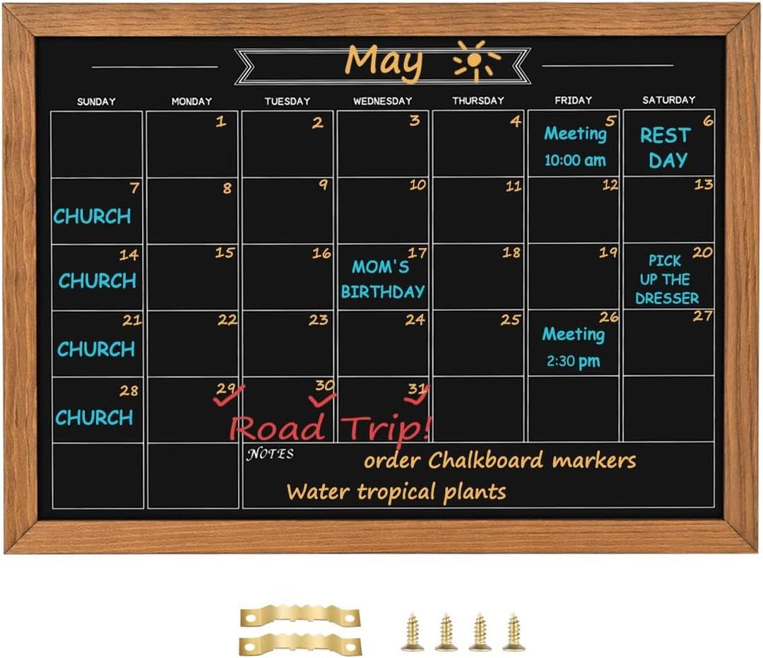 Calendar Chalkboard, 10.6" * 14.6", Magnetic Surface Rustic Brown Solid Pine Wood Frame Chalk Board for Planning/School Timetable/Memo, Hanging Board for Office, School and Home(YLHB-QZ-2737)