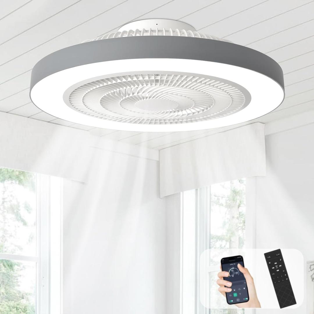 Depuley LED Ceiling Fan with Light: 19" Modern Flush Mount Low Profile Ceiling Fans with Remote & Smart APP Control - Grey Bladeless Fandelier Dimmable Quiet DC Motor for Bedroom Kids Room 6 Speeds