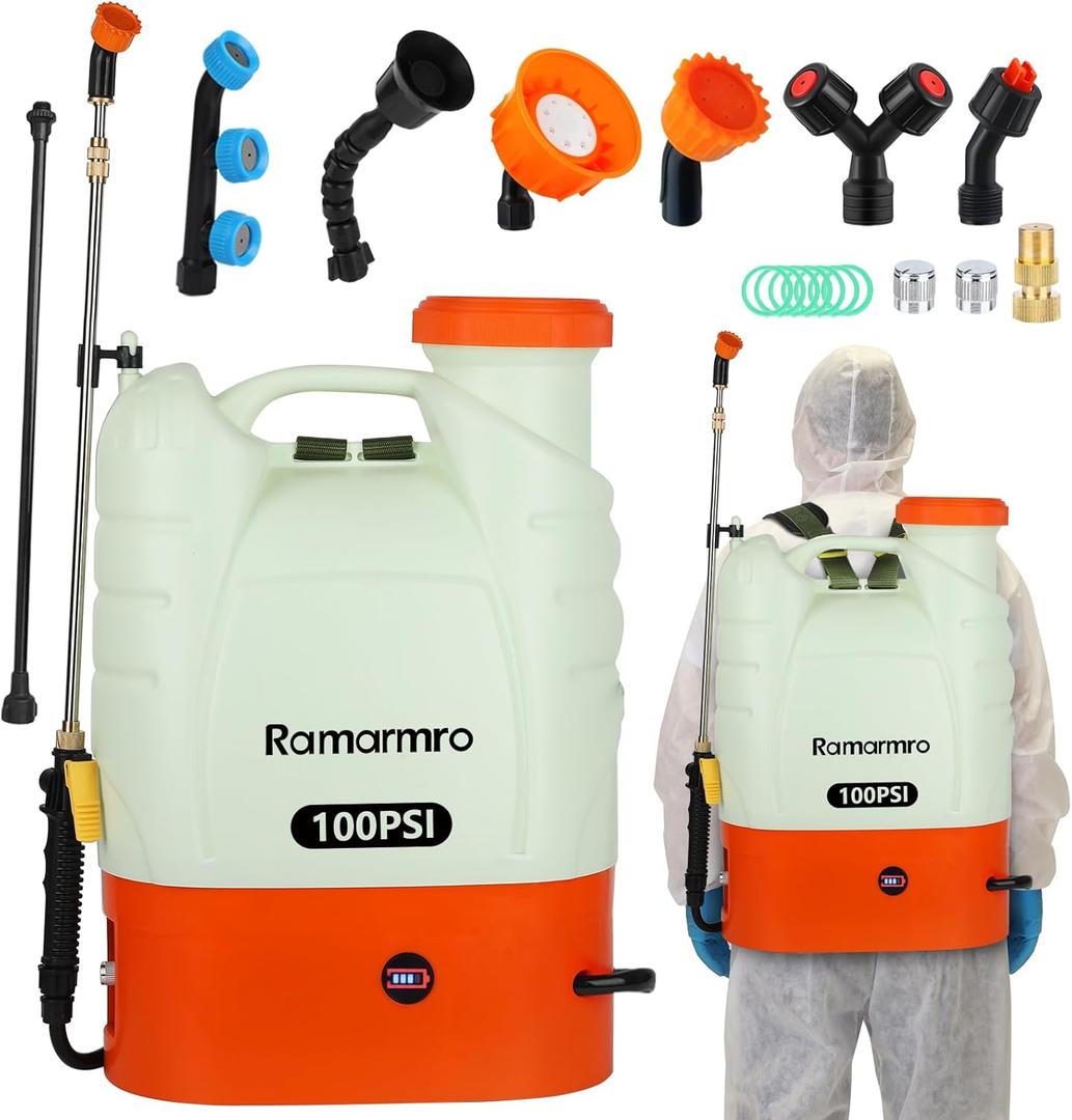 Battery Powered Backpack Sprayer 4.2 Gallon, 8Ah 7.4V Lithium Battery,100 PSI Cut Off Pressure with 7 Nozzles and 2 Wands, Battery Powered Sprayer for Lawn, Garden, Cleaning