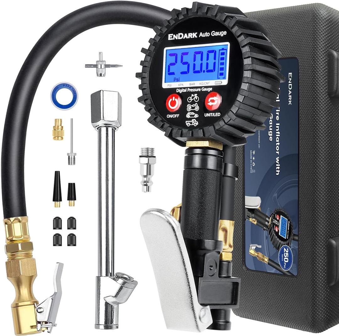 Digital Tire Pressure Gauge with Inflator: ENDARK 250 PSI Air Compressor Attachment Inflation Gun with Heavy Duty 360 Air Chuck & Extended Hose and Quick Connect Coupler with Carrying Case