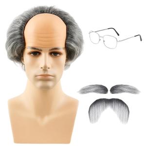 4-Piece Costume Set with Glasses and Eyebrows Mustache, Old Man Wig, Realistic Disguise Accessories for Halloween and Cosplay, One Size Fits Most Adults