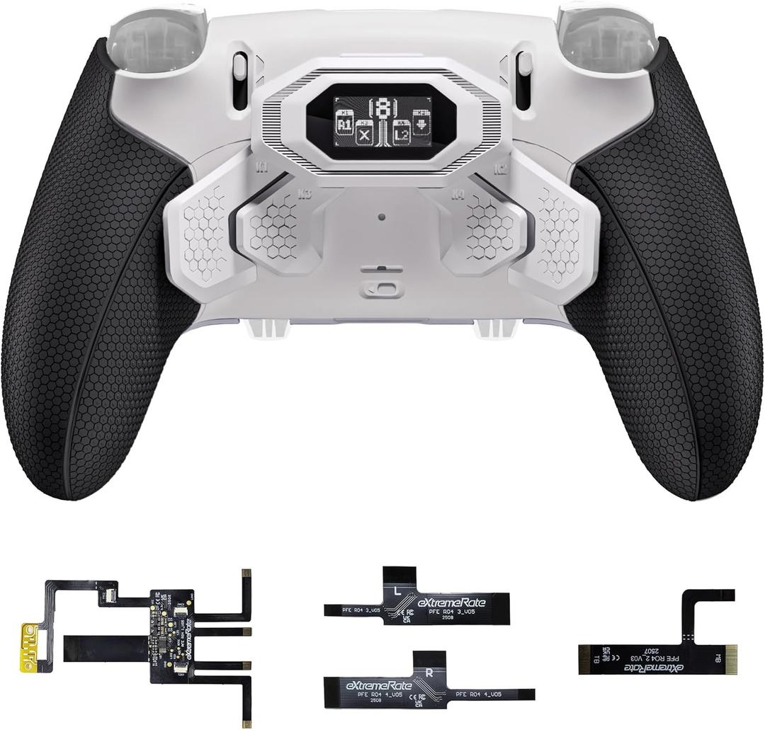 eXtremeRate Beyond Back Paddles Kit for PS5 Edge Controller, OLED Display, Redesigned Ergonomic Rubberized Grips Bottom Shell, Remappable 4 Back Buttons Set for PS5 Edge Controller - White & Black