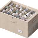 Shoe Organizer for Closet, Shoe Box Storage Containers Fit 18 Pairs Foldable Shoe Storage Bins with Clear Cover & Adjustable Dividers for Shoes Blankets Linen Clothing (Beige, (24.4*16.5*12.9)x1)