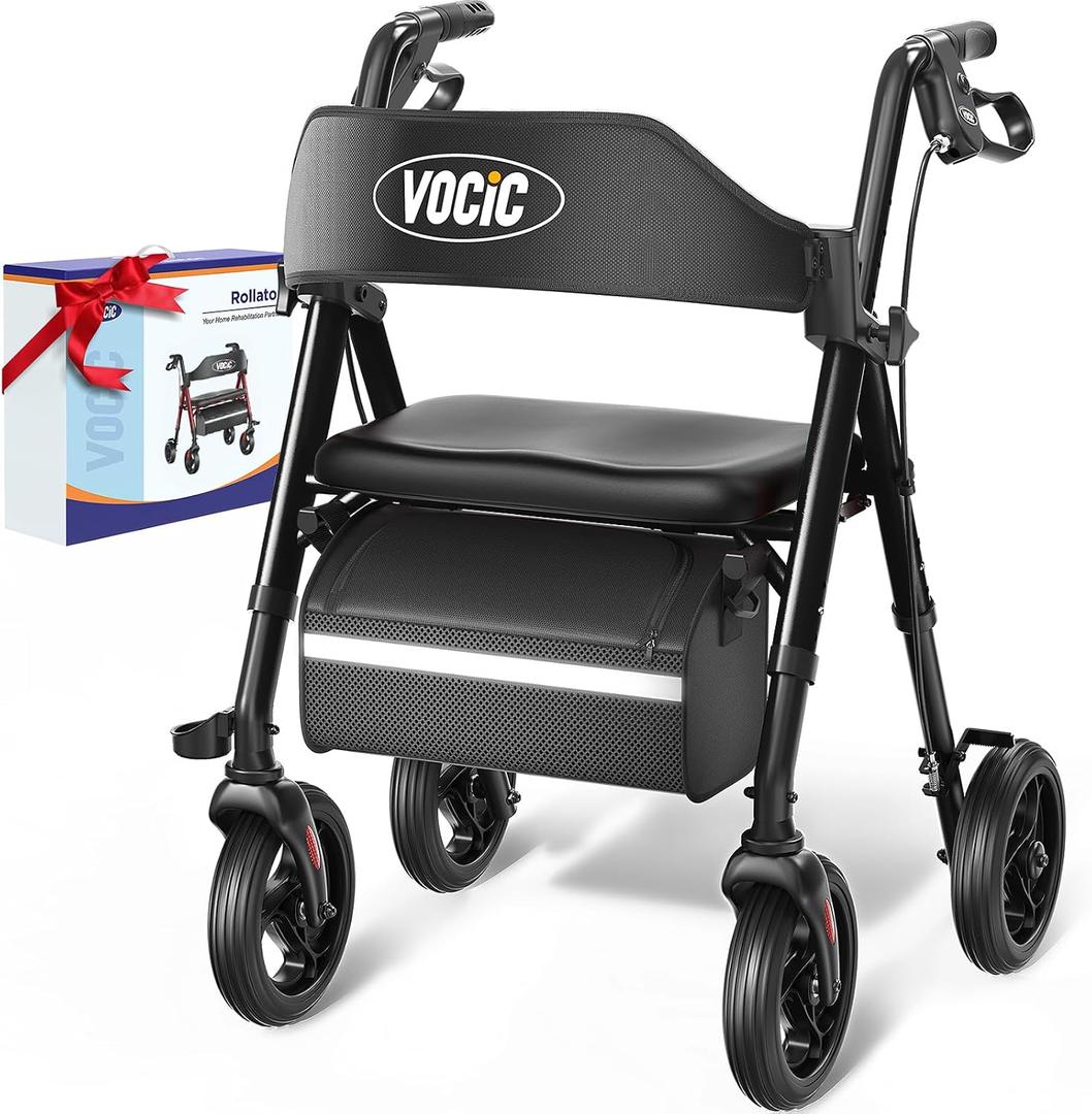 VOCIC Walkers for Seniors, Z21 Rollator Walker with Seat Supports 350lb, 8" Big Wheels for All Terrain, Ergonomic Arc Seat & 6" Ultra Backrest Foldable Walker, Dual Height Adjustment, Lightweight 2025
