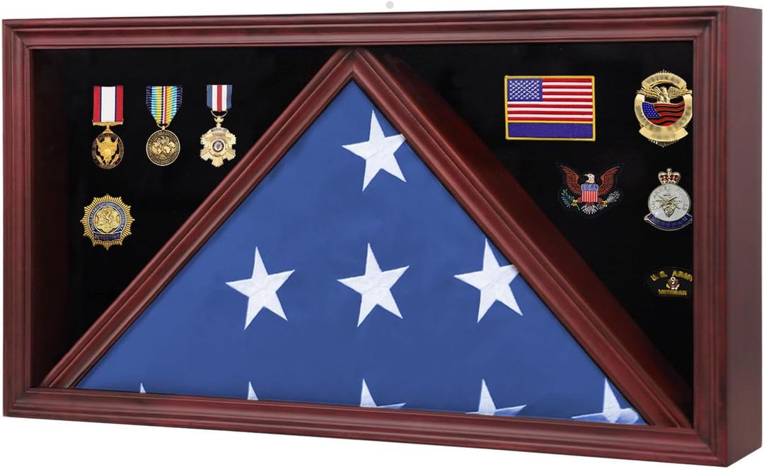 Large Burial Flag Display Case - American Solid Wood Military Shadow Box With Tempered Glass and Certificate Holder, Fits 5' X 9.5' Folded Flag, Mahogany Rectangle