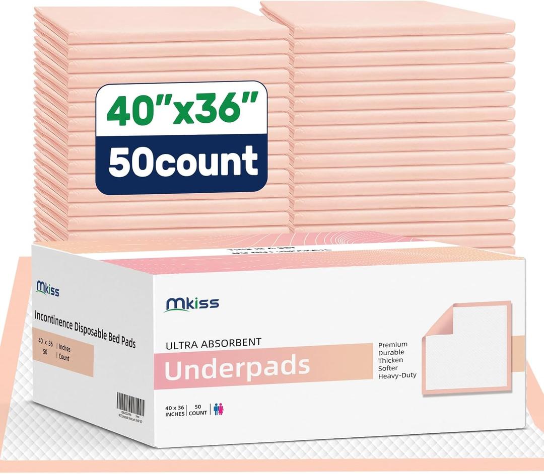 MKISS Extra Large Bed Pads 40" x 36"(50 Count), Disposable Super Absorbent Heavy Duty Incontinence Underpads, Thicken Chucks Pads for Adults, Children, Babies, Elderly and Pets