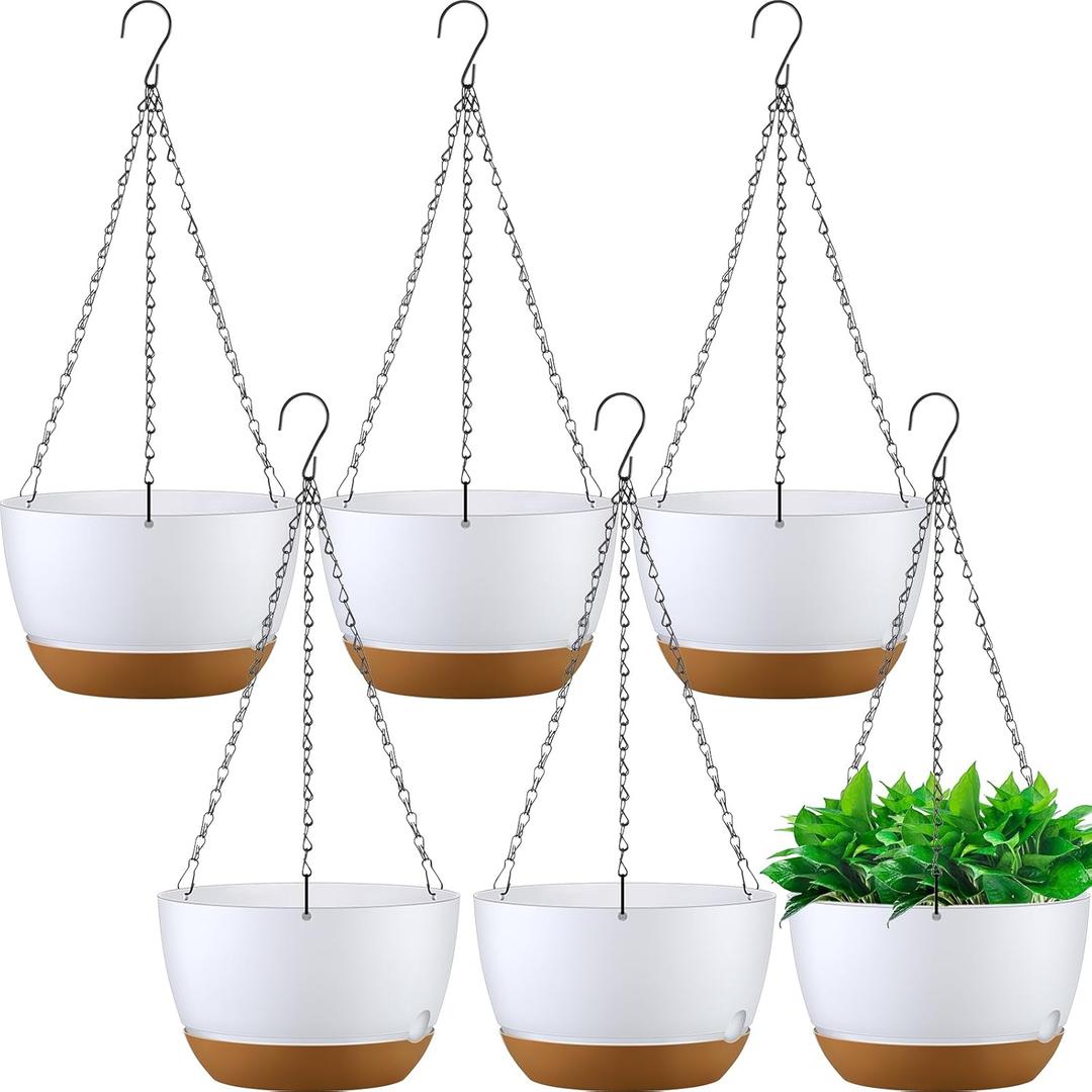 Remerry 6 Pcs 11.2 Inch Hanging Planters Hanging Plant Basket for Indoor Outdoor Plants Set Plastic Hanging Flower Pot with Drainage Holes and Removable Trays for Home Garden (White)