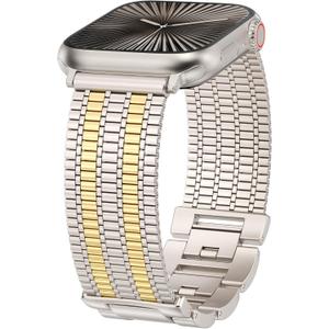 Moolia Stainless Steel Band Compatible with Apple Watch Strap 40/42/41/38/44/46/45/49mm Women, Dressy Fancy Bracelet Metal Mesh Link Wristband for iWatch Series 11 10 9 8 7 6 5 4 3 SE/Ultra 3 2 1 (Starlight/Gold)