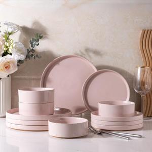 Ceramic Dinnerware Set for 4 | Speckled Stoneware Plates and Bowls with unglazed terracotta | Scratch Resistant, Dishwasher & Microwave Safe Dishes Sets- 12-Pcs Pink