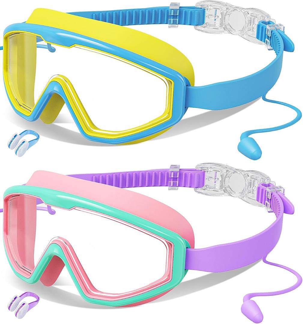 Kids Swim Goggles Wide View Anti-Fog UV Protection No Leak, Swim Mask with Nose Clip Earplugs Pool Beach Essentials