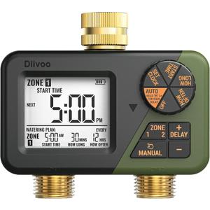 Diivoo Brass Sprinkler Timer 2 Zone, IP66 Waterproof Programmable Water Hose Timer 2 Outlet with Large Display, Rain Delay & Manual Watering for Outdoor Automatic Irrigation of Garden, Lawn, Yard