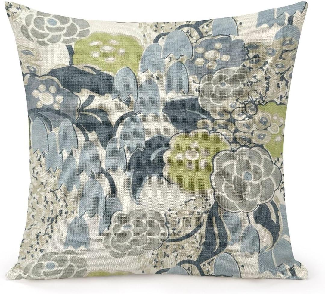 POMOTER French Flower Blue Grey Green Check Throw Pillow Cover,Traditional Checkered Decorative Pillow Cases Cotton Linen Square Cushion Covers for Sofa Couch,20"x20"