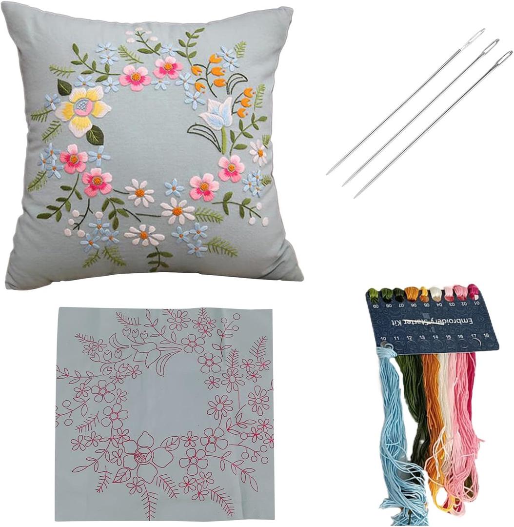 AMLESO DIY Embroidery Covers Kit Cushion Cover Semi-Finished for Living Room Sewing Supplies Adults Beginners Gift, Light Blue