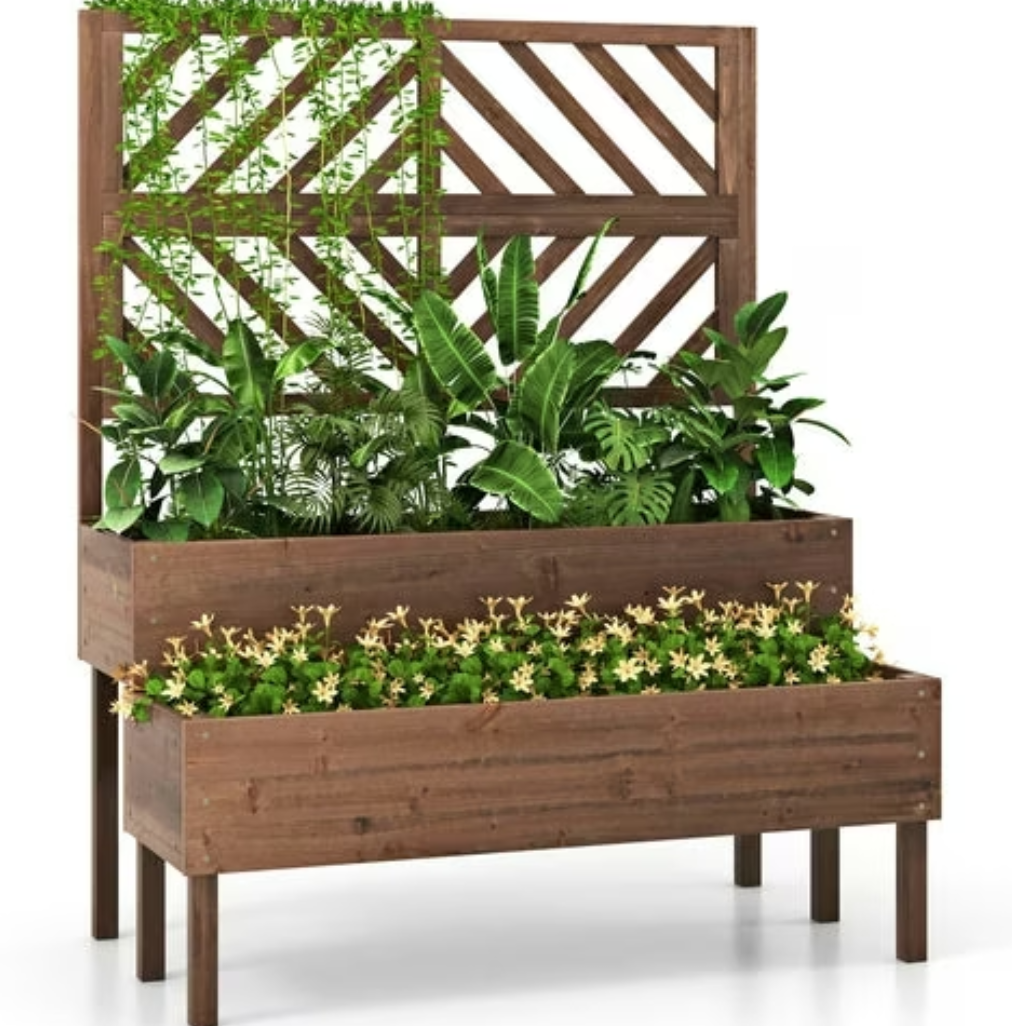 Toolsempire Raised Garden Bed with Trellis & 2 Planter Boxes, 2-Tier Outdoor Wooden Elevated Planter Box with Legs & Drainage Holes, Gardening Planter for Flowers, Herbs, Vegetables & Fruits(Brown)