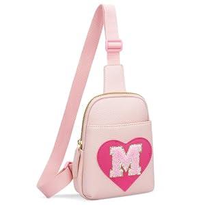 KKXIU Girls Sling Crossbody Bag Heart Initial Chest Bag Pink Mini Fanny Pack Personalized Gift for Kids Children