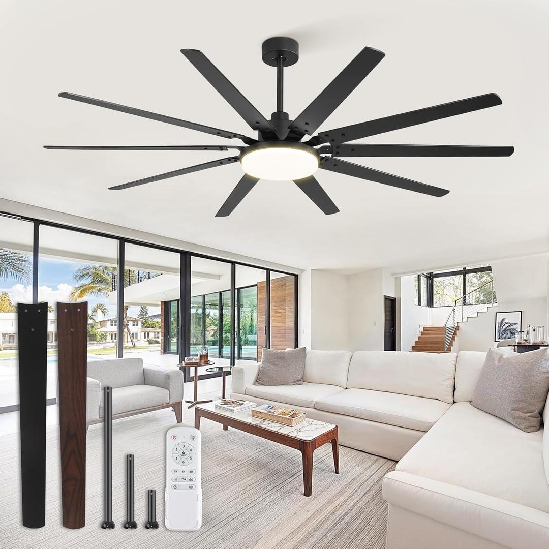 72 inch Large Ceiling Fans with Lights and Remote, Outdoor Black Ceiling Fan with 10 Blades, 32W LED light 3 CCT, 6 Speed Reversible Quiet DC Motor, Modern Ceiling Fan for Living Room Patio, Black 