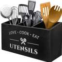 Kitchen Utensil Holder with 3 Compartments, Rustic Wooden Storage Organizer Box Vintage Cutlery Farmhouse Flatware Utensil Caddy Countertop for Silverware Fork Spoon Spatula (Black)