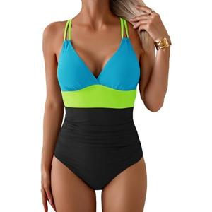 Aidonger Women's One Piece Color Block Swimsuit Tummy Control Slimming Bathing Suit V Neck Cutout High Waisted Swimwear XL