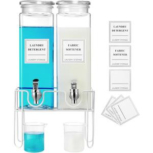 2 Pack Glass Laundry Detergent Dispenser with Stand, Laundry Soap & Fabric Softener Dispenser for Laundry Room Organization and Storage, 76oz Laundry Liquid Containers with Labels, Measuring Cups, White