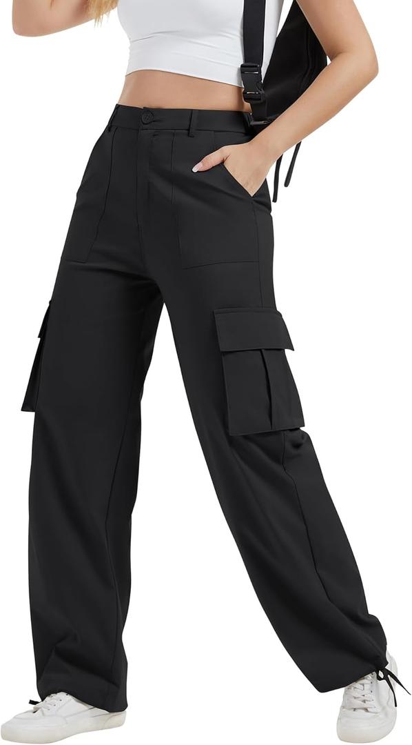 AVAMO Cargo Pants for Women with Pockets High Waist Lightweight Stretchy Hiking Casual Streetwear Baggy Wide Leg Pants (Medium, Black)