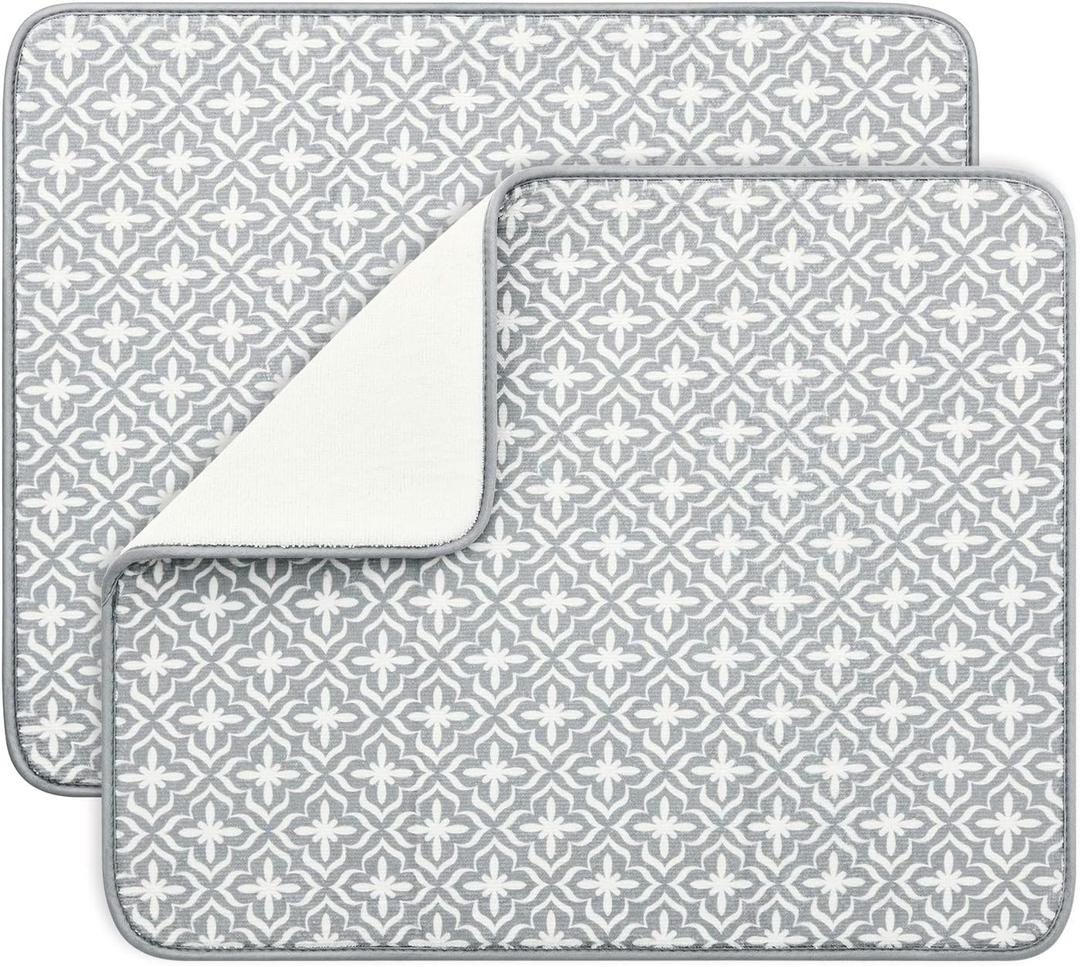 SUBEKYU Dish Drying Mats for Kitchen Counter, Microfiber Absorbent Dish Drainer/Rack Pads for Sink, 19.5*15.8 inch, Set of 2, Grey, leaf