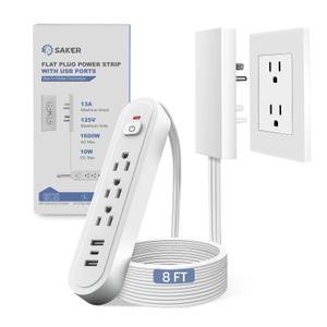 Saker Outlet Concealer Power Strip, 8FT Surge Protector Flat Extension Cord with 3 Outlets and 3 USB Ports, Outlet Cover Baby Proofing for Kitchen, Home and Office (8FT)