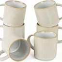 famiware Coffee Mug Set for 6, Star 12 oz Catering Mugs Cup Set with Handle for Coffee, Tea, Cocoa, Milk - Ceramic Stoneware Drinkware Set, Cappuccino White