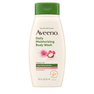Aveeno Daily Moisturizing Body Wash with A Shea Butter Berry Scent & Soothing Prebiotic Oat, Provides Long-Lasting Hydration for Sensitive Skin, Hypoallergenic, Paraben-Free, 18 fl. oz