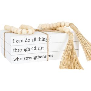 Decorative Books for Home Decor, White Faux Books for Decoration, Rustic Farmhouse Stacked Books with 52in Wood Bead Garland for Coffee Table Mantle Fireplace (I can do All Things Through Christ)